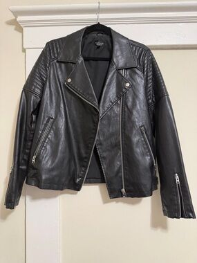 Topshop Black Quilted-Shoulder Leather Moto Jacket - US 10